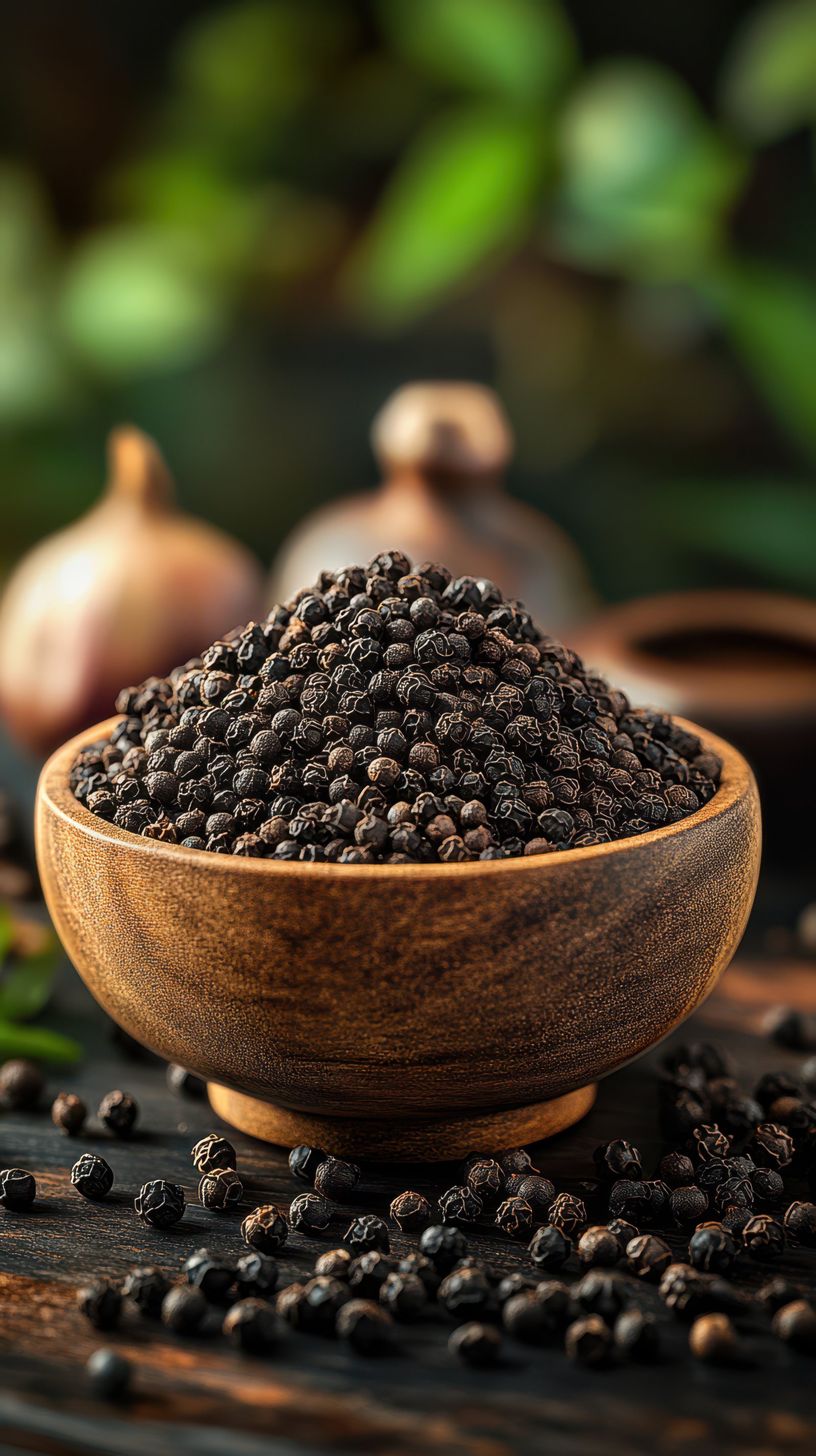 Freshly harvested black pepper in a wooden bowl surrounded by a rustic setup